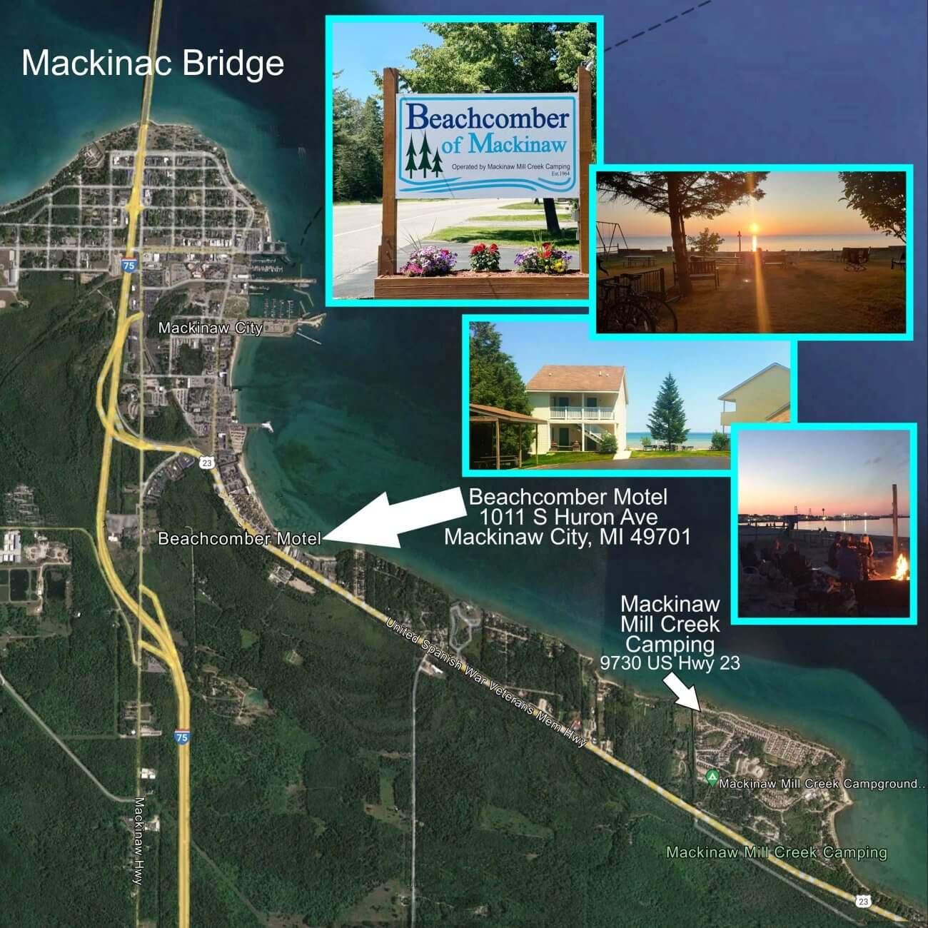 Photo of location for Beachcomber of Mackinaw, motel owned and operated by Mackinaw Mill Creek Camping. © 2024 Frank Rogala.